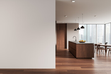 Modern kitchen interior with empty wall for poster mockup or banner presentation in clean light layout and contemporary wooden design concept. 3D Rendering