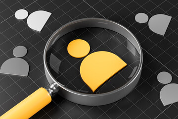 Magnifying glass highlighting yellow user icon among others on dark grid background, symbolizing...