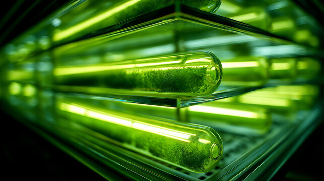 Algae bioreactor tubes glowing display, green LED light biotech sustainability, marine biotechnology visualization, sustainable production concept, with copy space
