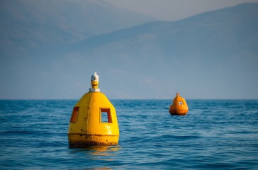 Yellow buoy floating on deep blue sea