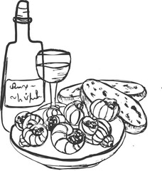 A hand-drawn sketch of classic French escargot served with crusty bread and a glass of wine &mdash; an elegant, rustic dish perfect for romantic dinners or gourmet nights