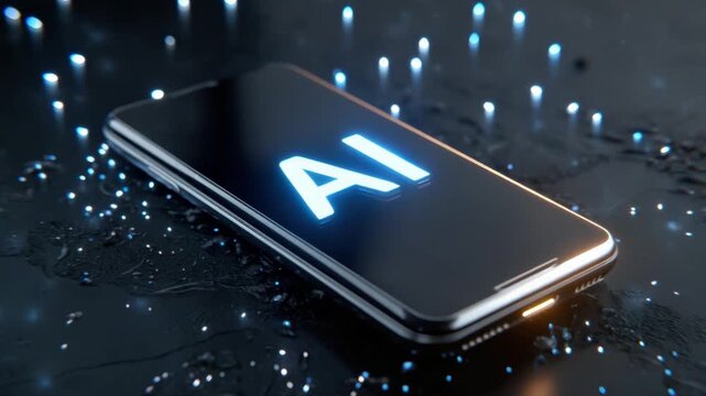 AI Display on the Phone Screen: The image shows a modern smartphone, its screen illuminating the letters AI, against a futuristic background, signifying the presence of artificial intelligence.