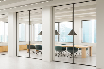 Modern office interior with glass walls, green chairs, and wooden meeting table in high-rise building with cityscape view. 3D Rendering. 3D Rendering