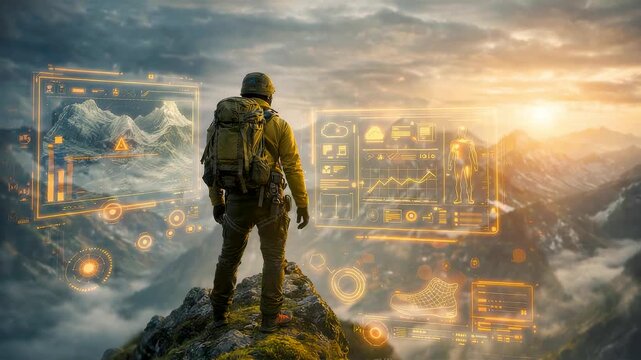 Explorer standing on mountain peak with digital data interface at sunrise showcasing adventure technology navigation insight and human determination