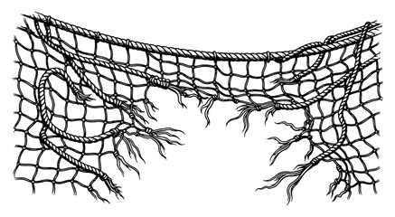 Hand drawn torn fishing net made of rope hanging horizontally © Anna