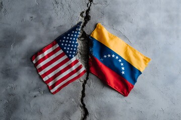 United states, venezuela flags showing political conflict, tension