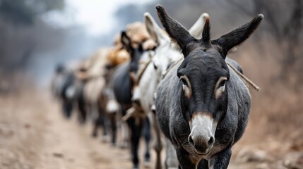 A line of domestic donkeys trudges down a dusty path in a peaceful rural setting. The animals carry loads, highlighting their role in farm life. The soft afternoon light lends warmth to the scene
