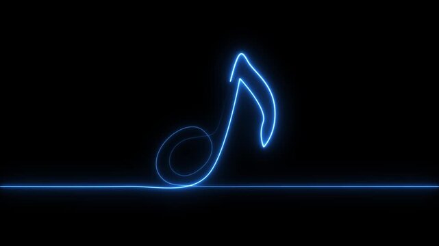 Glowing neon music icon animation, neon icon animation, music icon animation on black background, blue neon glowing single musical note icon abstract design animation on 4k video footage.