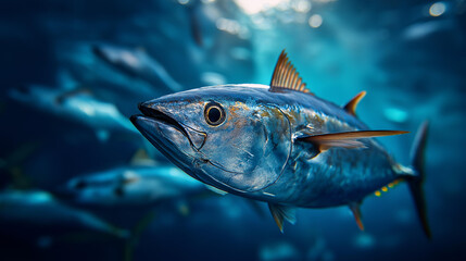 Underwater shot tuna moving display, large school blue ocean lighting, marine life visualization, pelagic fish concept, oceanic ecosystem representation, with copy space