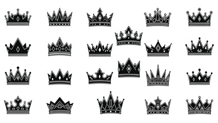 Obraz premium A collection of twenty-four black and white illustrations of various crowns, each with unique designs and embellishments.