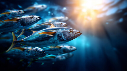 Underwater shot tuna moving display, large school blue ocean lighting, marine life visualization, pelagic fish concept, oceanic ecosystem representation, with copy space