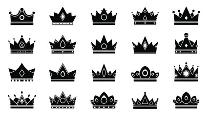 Obraz premium A collection of twenty black silhouette icons representing various types of crowns, displayed in a grid formation against a white background.