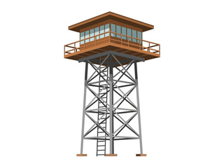 Elevated Watchtower Structure with Observation Deck and Metallic Support Framework on White