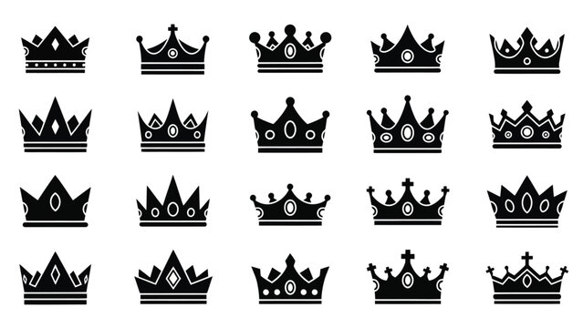 A collection of twenty black silhouette icons representing various royal crowns and tiaras, displayed in a grid.