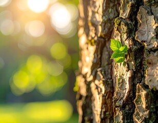 Sunlight bathes tree bark, accentuating new leaves and a blurred green backdrop