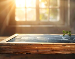 Blackboard on wood tabletop, sunlight streaming through a window