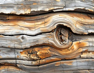 Close-up of aged wood grain with knot and cracked texture