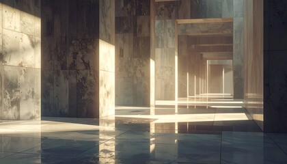 Interior view of a long hallway with rectangular columns and natural light
