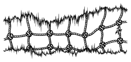 Knotted rope cargo net fencing covered with wild grass © Anna