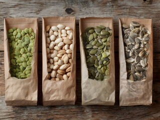 Various healthy seeds and nuts in paper bags