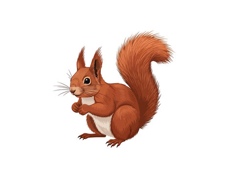An illustration of a red squirrel with a fluffy tail on a white background
