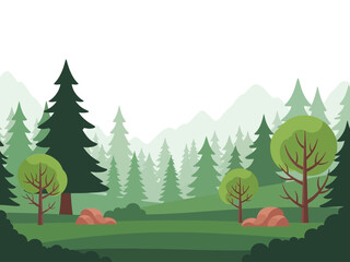 Fototapeta premium Lush Green Forest Landscape with Towering Trees and Misty Mountains