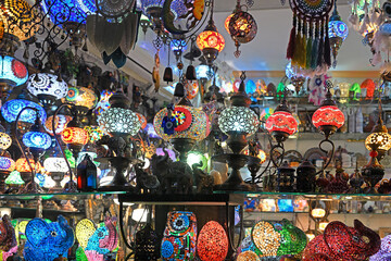 Colorful mosaic lanterns and dreamcatchers in Toledo night