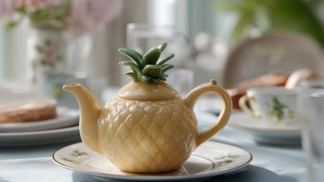 Elegant yellow teapot with succulent on sunny breakfast table with flowers and toast
