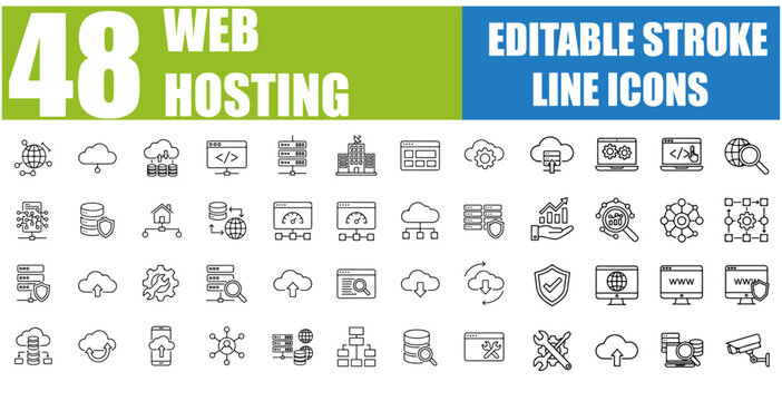 Web Hosting Icon Set - Internet, Cloud Computing, Server, Database, SSL Certificate, FTP, Domain Name, Firewall, Data Hosting, Website, Hosting Service, cPanel, Server Management and More - Editable L
