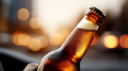 A man grips a cold bottle of beer while driving his car down a bustling city street at dusk, with warm lights flickering in the background and a sense of recklessness in the air