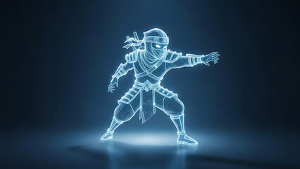 Dynamic holographic ai assistant 3d manifests as a powerful ninja figure in a glowing, futuristic display