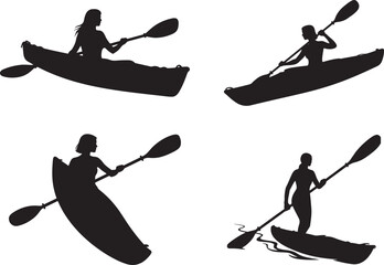 Collection of Woman Kayaking and Canoeing Silhouettes Vector Illustration Set, Adventurous Water Sport Activities, Outdoor Recreation, Paddling with Oars, Kayaker Lifestyle Graphic Clip Art