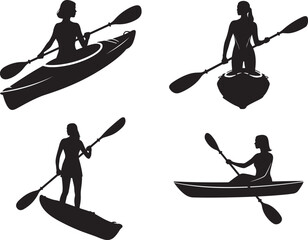 Collection of Woman Kayaking and Canoeing Silhouettes Vector Illustration Set, Adventurous Water Sport Activities, Outdoor Recreation, Paddling with Oars, Kayaker Lifestyle Graphic Clip Art