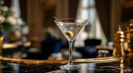 Classic martini cocktail with olive on bar counter