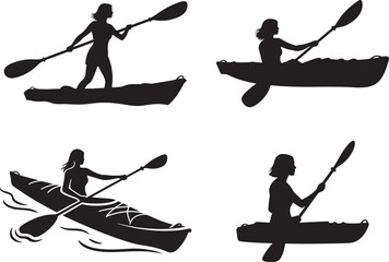 Collection of Woman Kayaking and Canoeing Silhouettes Vector Illustration Set, Adventurous Water Sport Activities, Outdoor Recreation, Paddling with Oars, Kayaker Lifestyle Graphic Clip Art