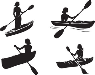 Collection of Woman Kayaking and Canoeing Silhouettes Vector Illustration Set, Adventurous Water Sport Activities, Outdoor Recreation, Paddling with Oars, Kayaker Lifestyle Graphic Clip Art
