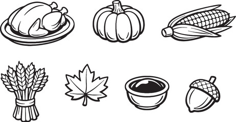 Thanksgiving Core Feast Icons Set Black and White Line Art eps © Hue
