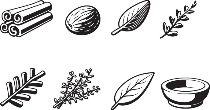 Thanksgiving Spices and Herbs Black and White 3D Line Art Icon eps