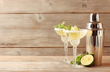 Two margaritas with shaker and lime