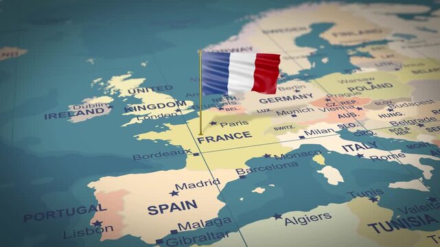 Animation Waving France Flag on France Map
