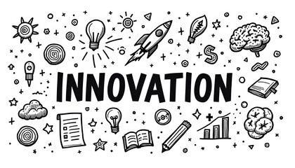 Hand-drawn doodles of creative innovation, technology, ideas, and progress, illustrating concept of brainstorming, invention, and futuristic thinking