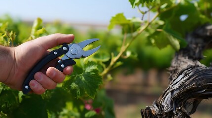 Hand pruning vineyard vine with gardening shears