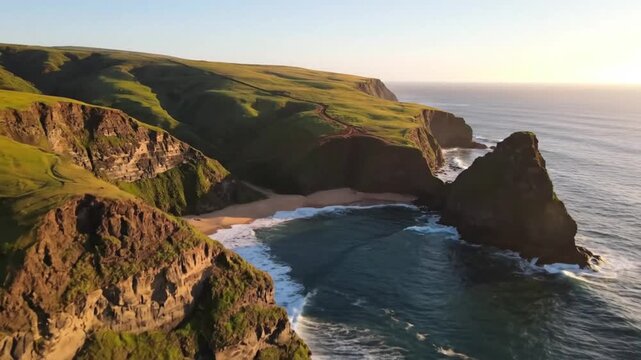 Serene Coastal Landscape at Sunset Waves Gently Kiss Rugged Cliffs and a Secluded Sandy Cove