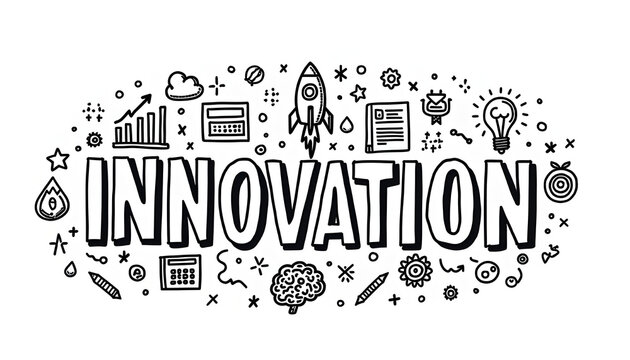 Hand-drawn doodles of creative innovation, technology, ideas, and progress, illustrating concept of brainstorming, invention, and futuristic thinking