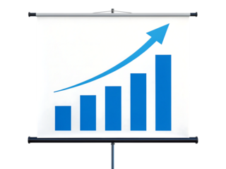 A blue bar graph on a projector screen with an upward trend arrow isolated on transparent background