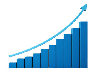 Blue bar graph with upward trend arrow on transparent background showing growth