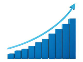Blue bar graph with upward trend arrow on transparent background showing growth