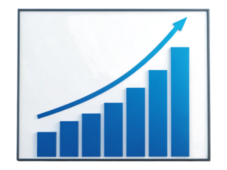 A blue bar graph with an upward trend arrow on a transparent background showing growth