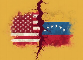 United states and venezuela flags splitting, showing conflict