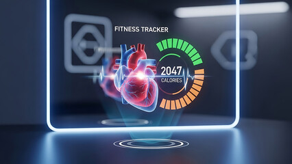 Holographic ai assistant 3d presenting a futuristic fitness tracker with a glowing human heart